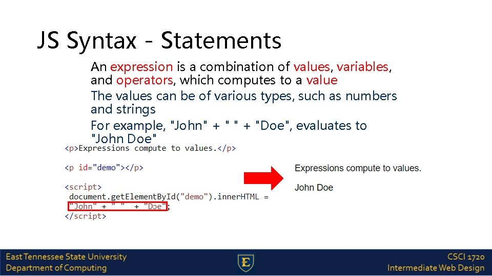 JS Syntax - Statements An expression is a combination of values, variables, and operators,