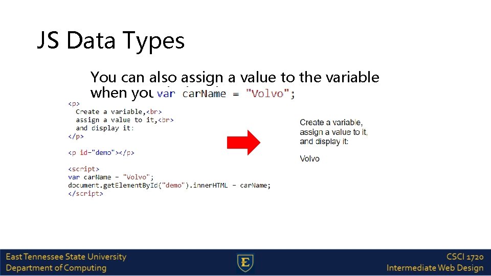 JS Data Types You can also assign a value to the variable when you