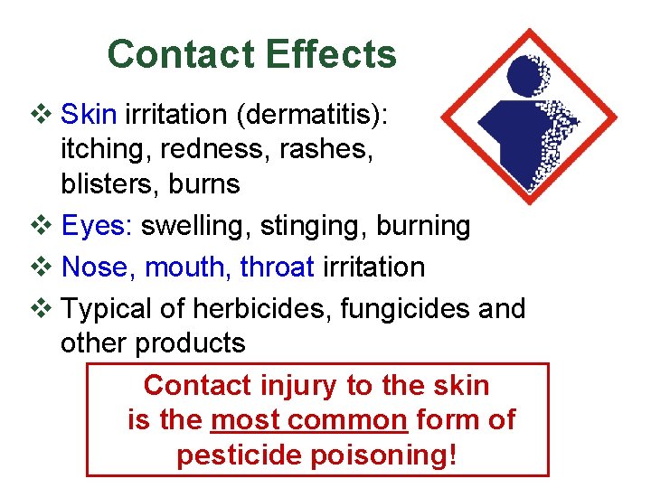 Contact Effects v Skin irritation (dermatitis): itching, redness, rashes, blisters, burns v Eyes: swelling,