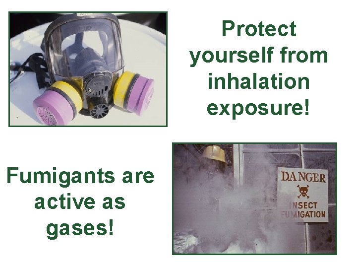 Protect yourself from inhalation exposure! Fumigants are active as gases! 