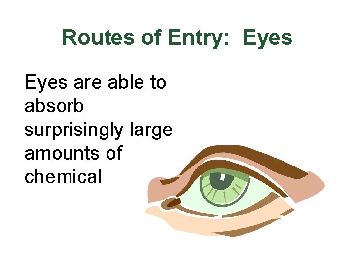 Routes of Entry: Eyes are able to absorb surprisingly large amounts of chemical 