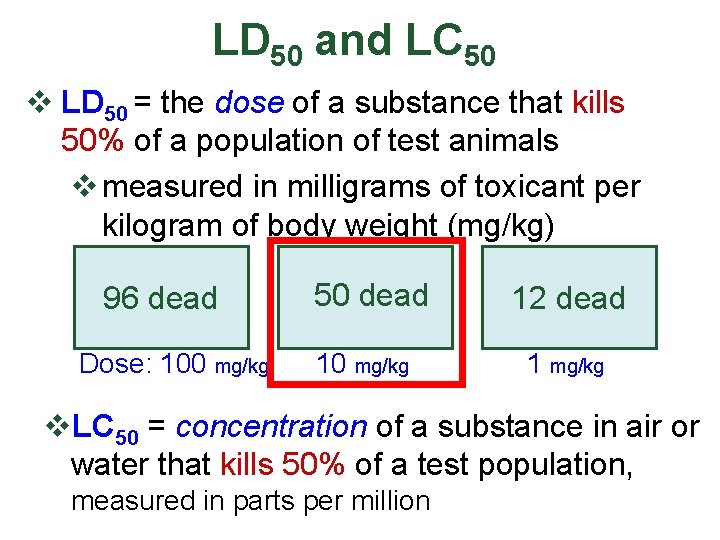 LD 50 and LC 50 v LD 50 = the dose of a substance