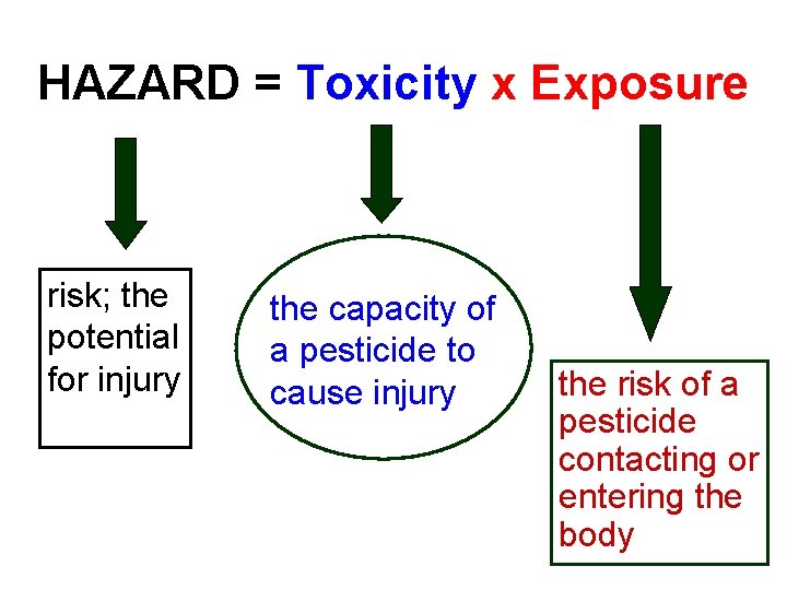 HAZARD = Toxicity x Exposure risk; the potential for injury the capacity of a