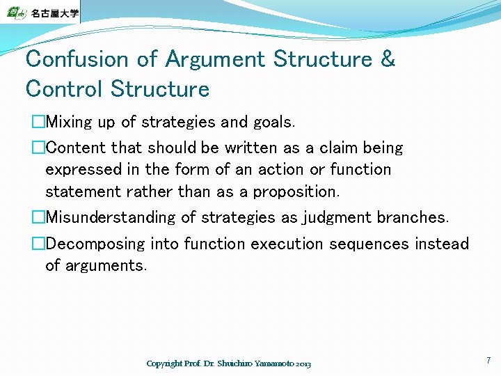 Confusion of Argument Structure & Control Structure �Mixing up of strategies and goals. �Content