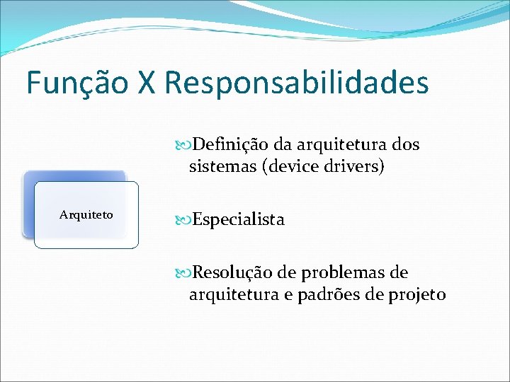 Função X Responsabilidades Definição da arquitetura dos sistemas (device drivers) Arquiteto Especialista Resolução de