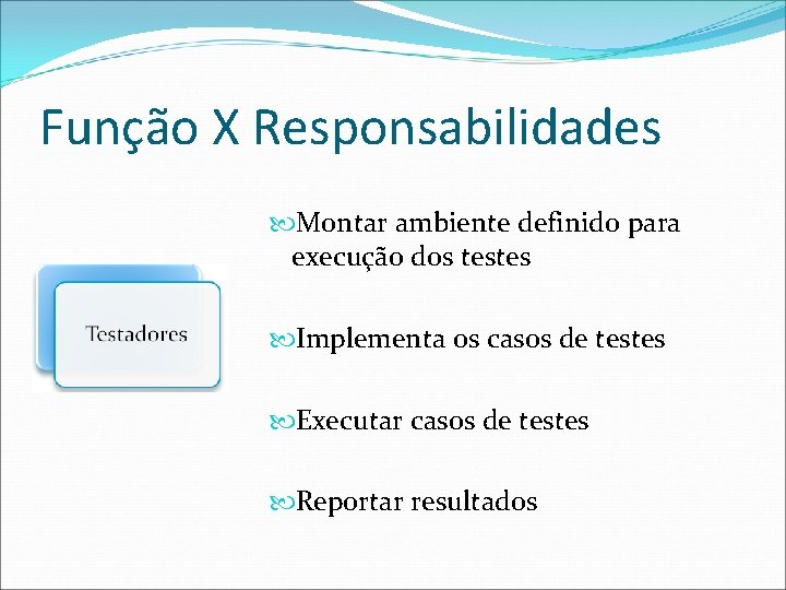 Função X Responsabilidades Montar ambiente definido para execução dos testes Implementa os casos de