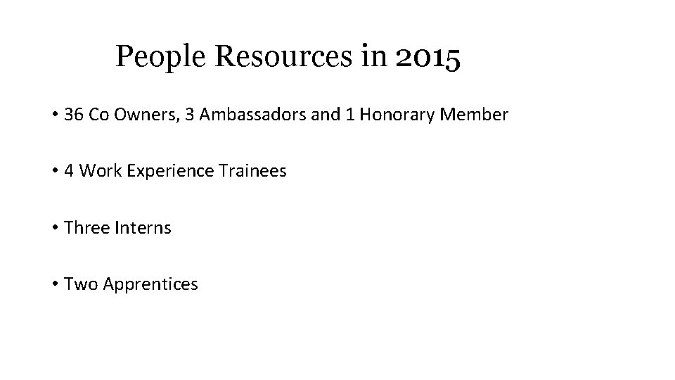 People Resources in 2015 • 36 Co Owners, 3 Ambassadors and 1 Honorary Member