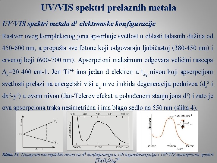 UV/VIS spektri prelaznih metala UV/VIS spektri metala d 1 elektronske konfiguracije Rastvor ovog kompleksnog