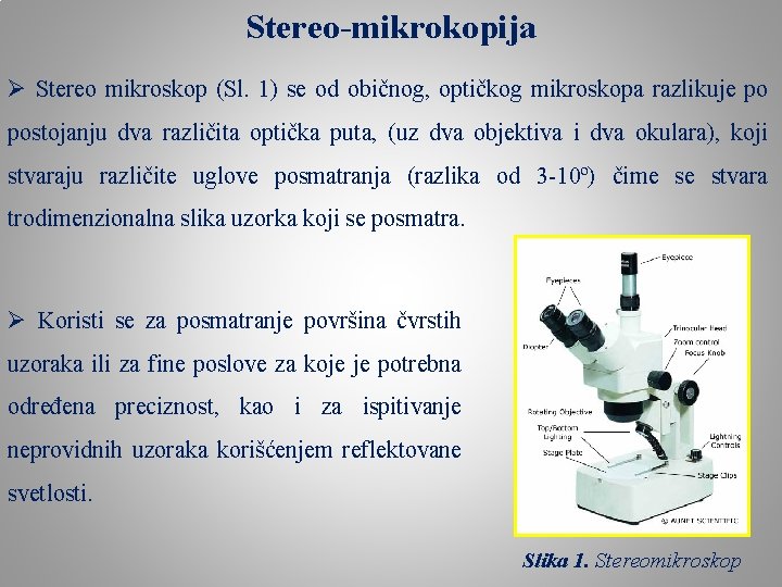 Stereo-mikrokopija Ø Stereo mikroskop (Sl. 1) se od običnog, optičkog mikroskopa razlikuje po postojanju