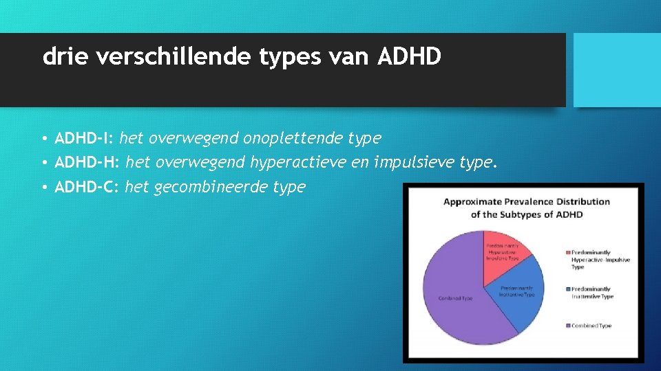 drie verschillende types van ADHD • ADHD-I: het overwegend onoplettende type • ADHD-H: het