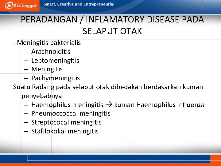 PERADANGAN / INFLAMATORY DISEASE PADA SELAPUT OTAK. Meningitis bakterialis – Arachnoiditis – Leptomeningitis –