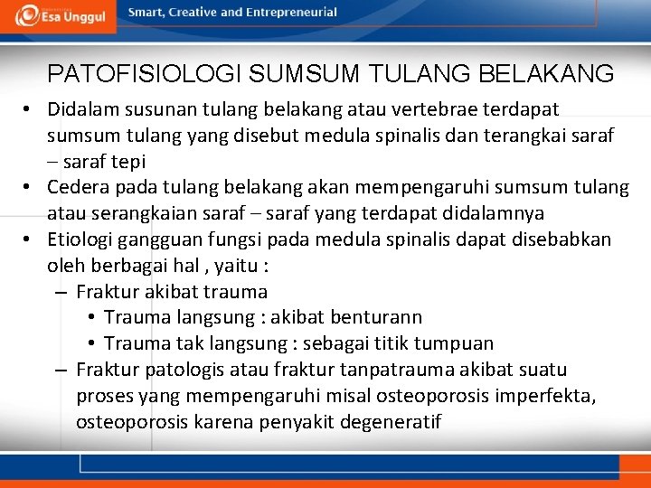 PATOFISIOLOGI SUMSUM TULANG BELAKANG • Didalam susunan tulang belakang atau vertebrae terdapat sumsum tulang