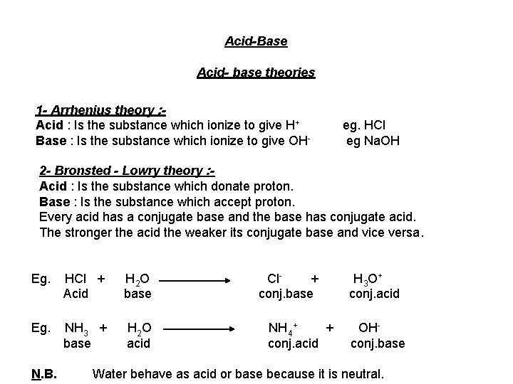 Acid-Base Acid- base theories 1 - Arrhenius theory : Acid : Is the substance