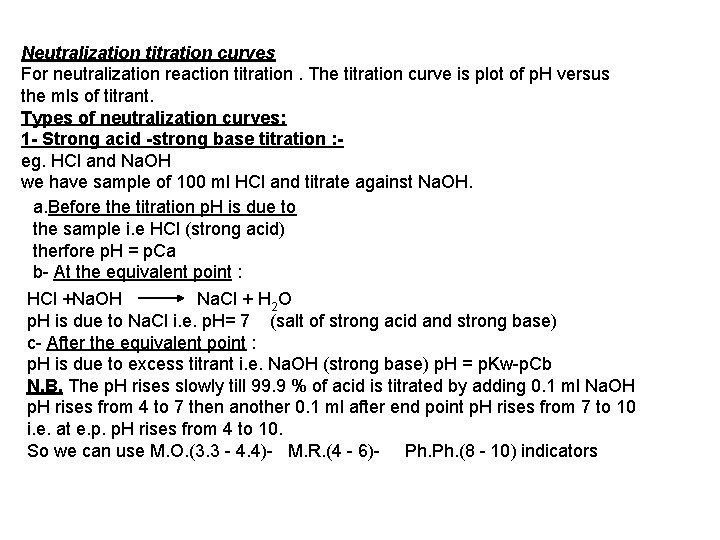 Neutralization titration curves For neutralization reaction titration. The titration curve is plot of p.