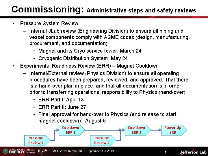 Commissioning: Administrative steps and safety reviews • • Pressure System Review – Internal JLab