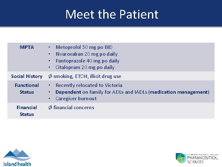 Meet the Patient MPTA Social History Functional Status Financial Status • • Metoprolol 50