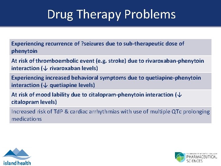 Drug Therapy Problems Experiencing recurrence of ? seizures due to sub-therapeutic dose of phenytoin