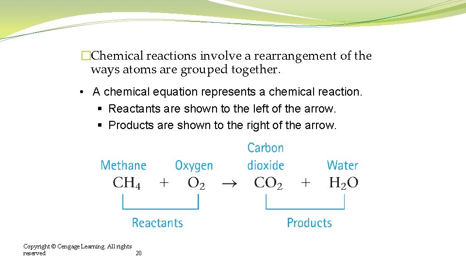 �Chemical reactions involve a rearrangement of the ways atoms are grouped together. • A