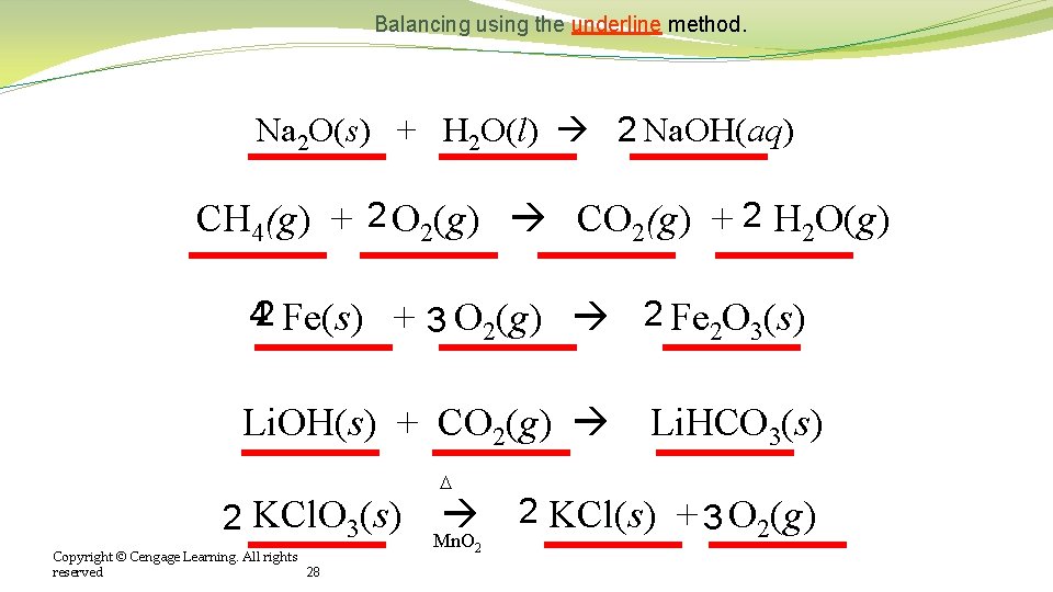 Balancing using the underline method. Na 2 O(s) + H 2 O(l) 2 Na.