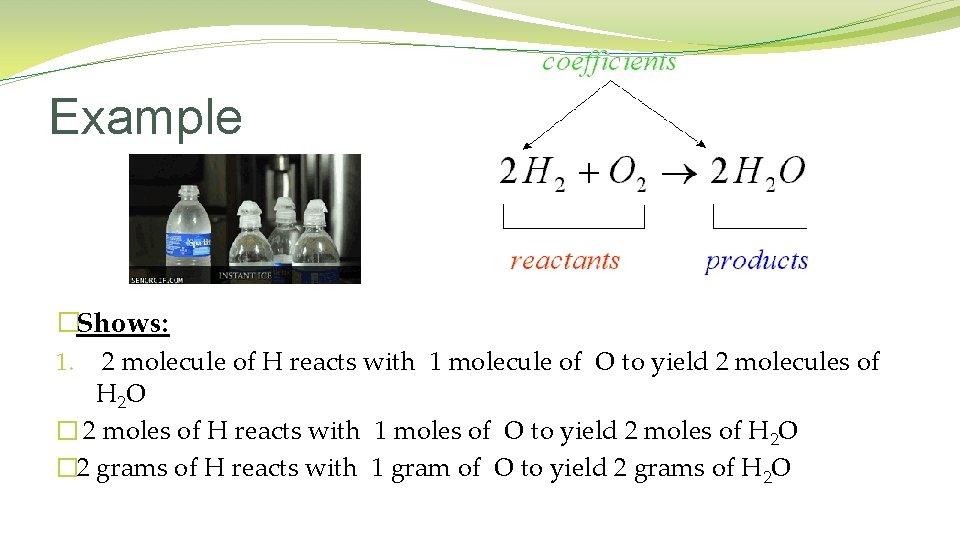 Example �Shows: 1. 2 molecule of H reacts with 1 molecule of O to