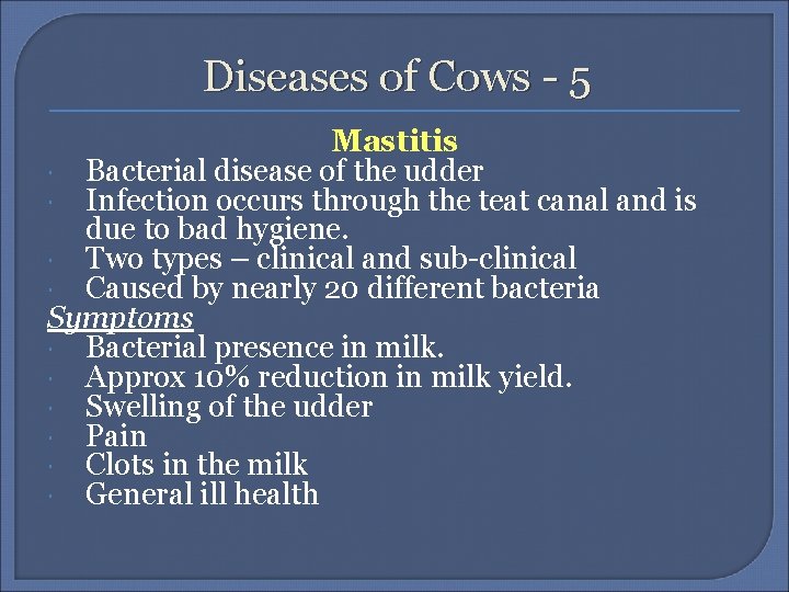Diseases of Cows - 5 Mastitis Bacterial disease of the udder Infection occurs through