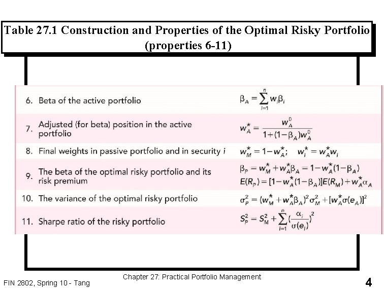 Table 27. 1 Construction and Properties of the Optimal Risky Portfolio (properties 6 -11)
