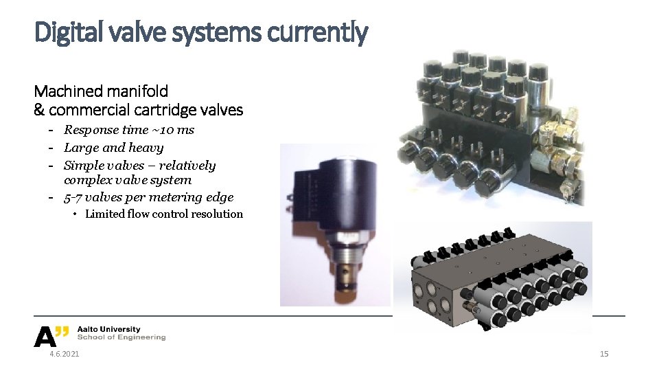 Digital valve systems currently Machined manifold & commercial cartridge valves - Response time ~10