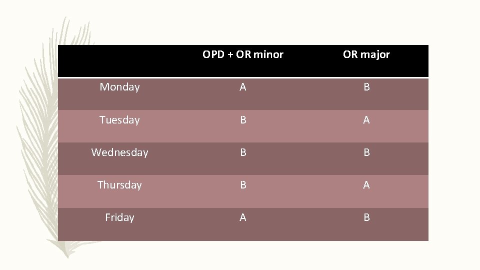 OPD + OR minor OR major Monday A B Tuesday B A Wednesday B