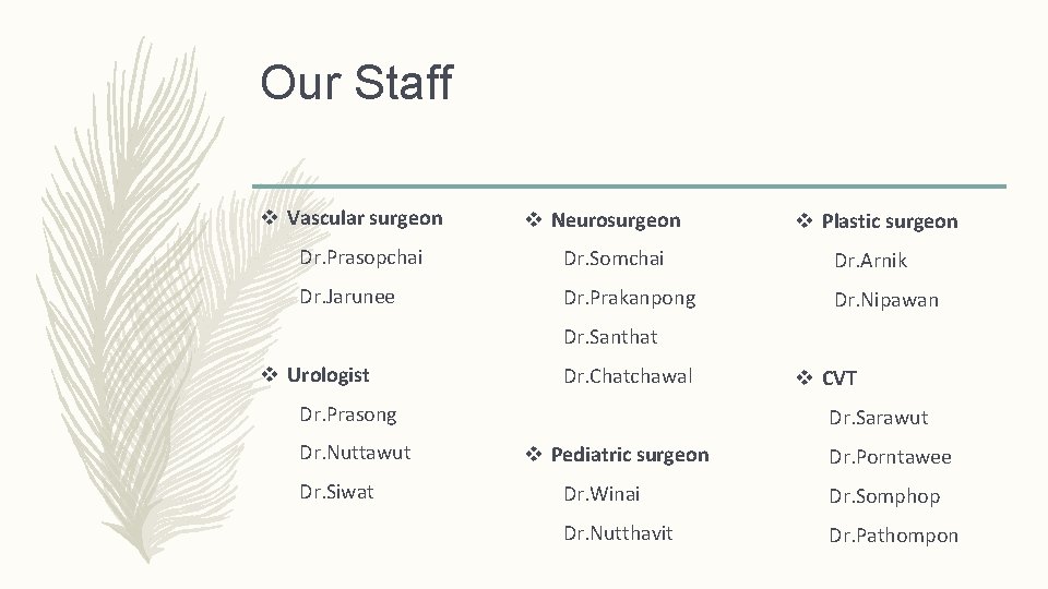 Our Staff v Vascular surgeon v Neurosurgeon v Plastic surgeon Dr. Prasopchai Dr. Somchai