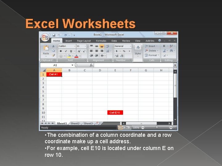 Excel Worksheets • The combination of a column coordinate and a row coordinate make