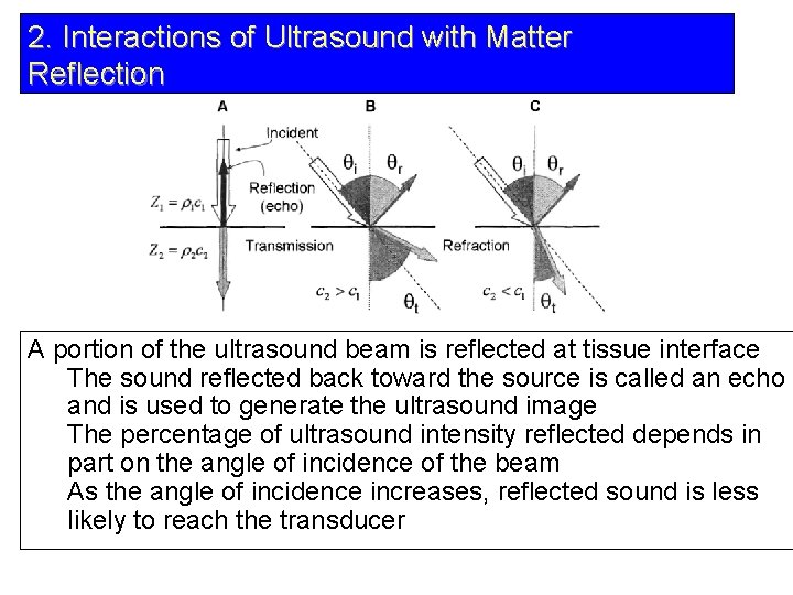 2. Interactions of Ultrasound with Matter Reflection A portion of the ultrasound beam is