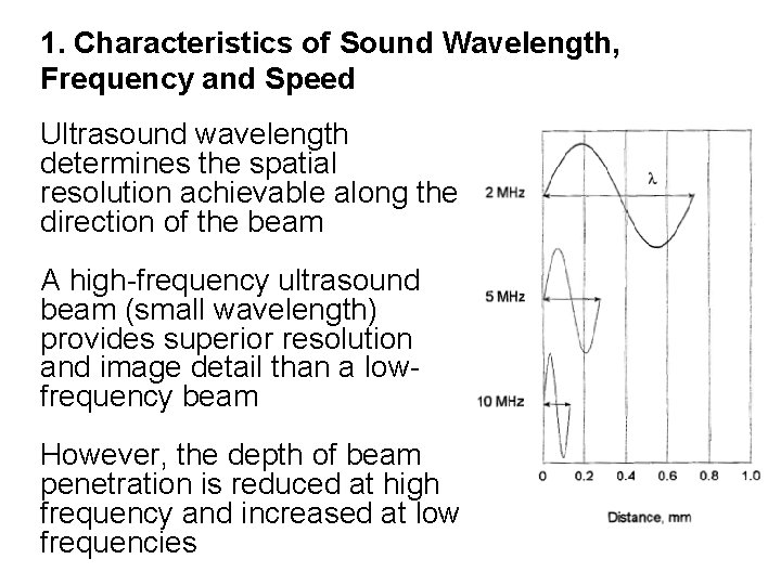 1. Characteristics of Sound Wavelength, Frequency and Speed Ultrasound wavelength determines the spatial resolution