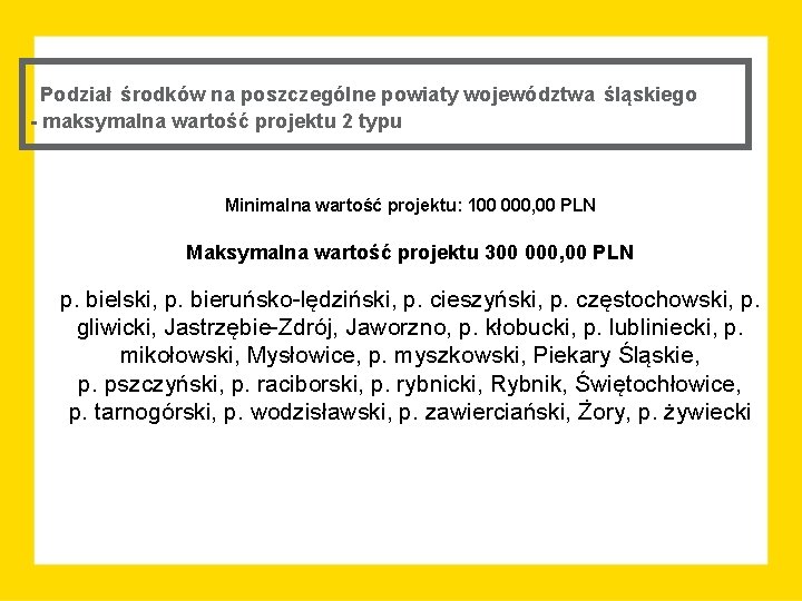 Podział środków na poszczególne powiaty województwa śląskiego - maksymalna wartość projektu 2 typu Minimalna