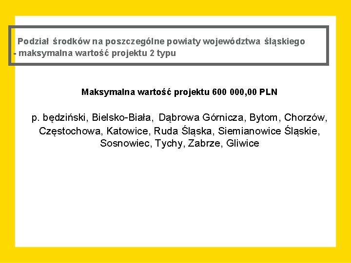 Podział środków na poszczególne powiaty województwa śląskiego - maksymalna wartość projektu 2 typu Maksymalna