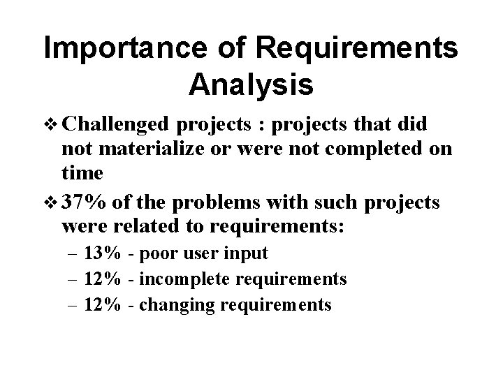 Importance of Requirements Analysis v Challenged projects : projects that did not materialize or