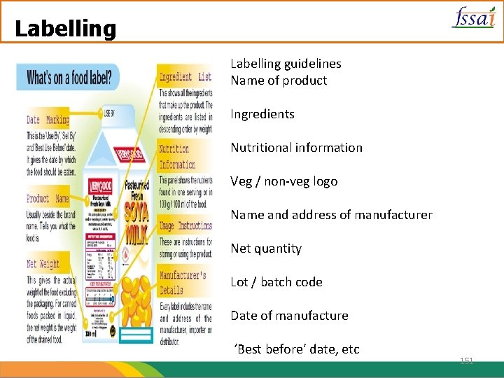 Labelling guidelines Name of product Ingredients Nutritional information Veg / non-veg logo Name and