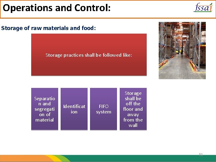 Operations and Control: Storage of raw materials and food: Storage practices shall be followed