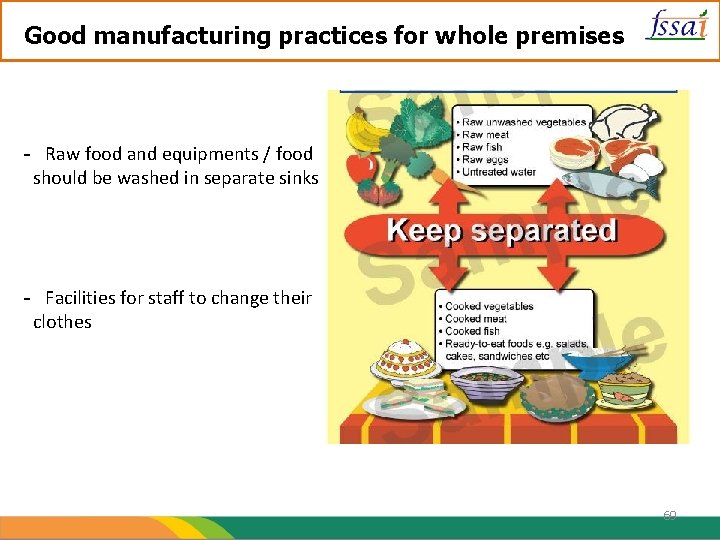 Good manufacturing practices for whole premises - Raw food and equipments / food should