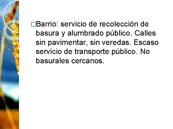 �Barrio: servicio de recolección de basura y alumbrado público. Calles sin pavimentar, sin veredas.