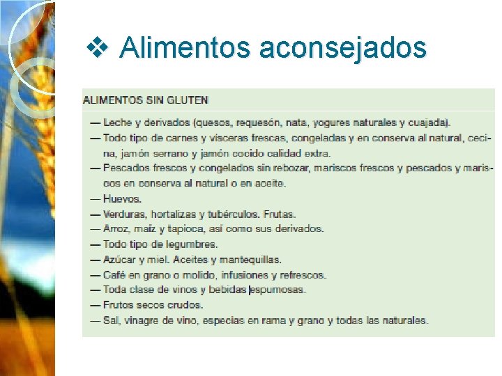 v Alimentos aconsejados 