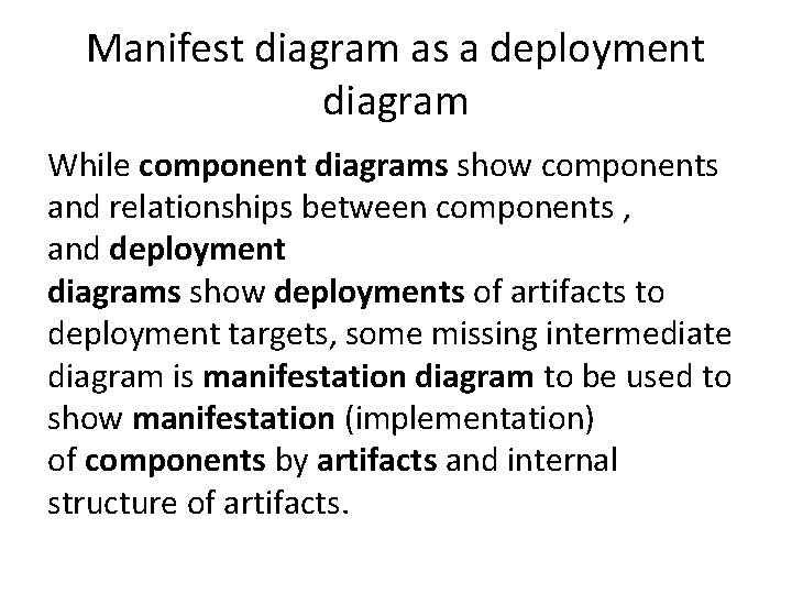 Manifest diagram as a deployment diagram While component diagrams show components and relationships between Manifest diagram as a deployment diagram While component diagrams show components and relationships between