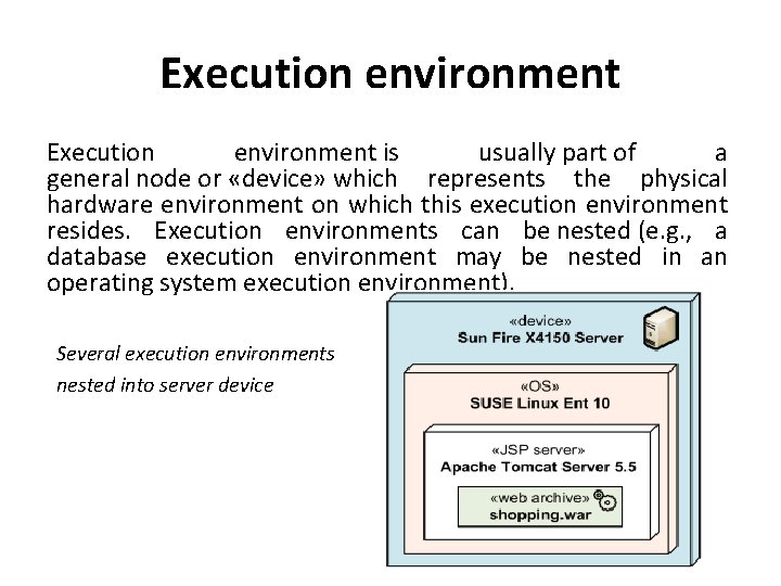 Execution environment is usually part of a general node or «device» which represents the Execution environment is usually part of a general node or «device» which represents the