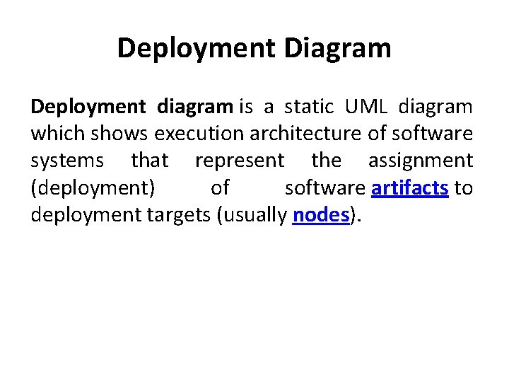 Deployment Diagram Deployment diagram is a static UML diagram which shows execution architecture of Deployment Diagram Deployment diagram is a static UML diagram which shows execution architecture of
