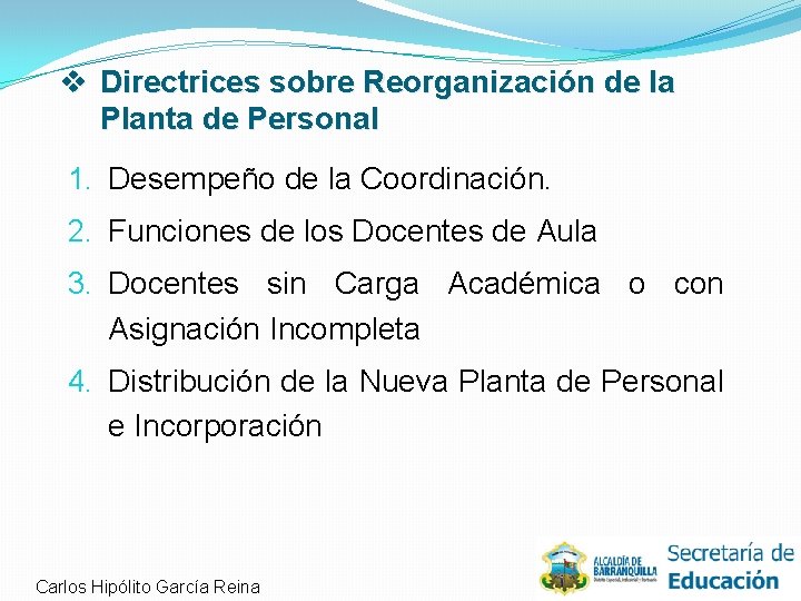 v Directrices sobre Reorganización de la Planta de Personal 1. Desempeño de la Coordinación.