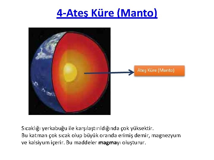 4 -Ateş Küre (Manto) Sıcaklığı yerkabuğu ile karşılaştırıldığında çok yüksektir. Bu katman çok sıcak