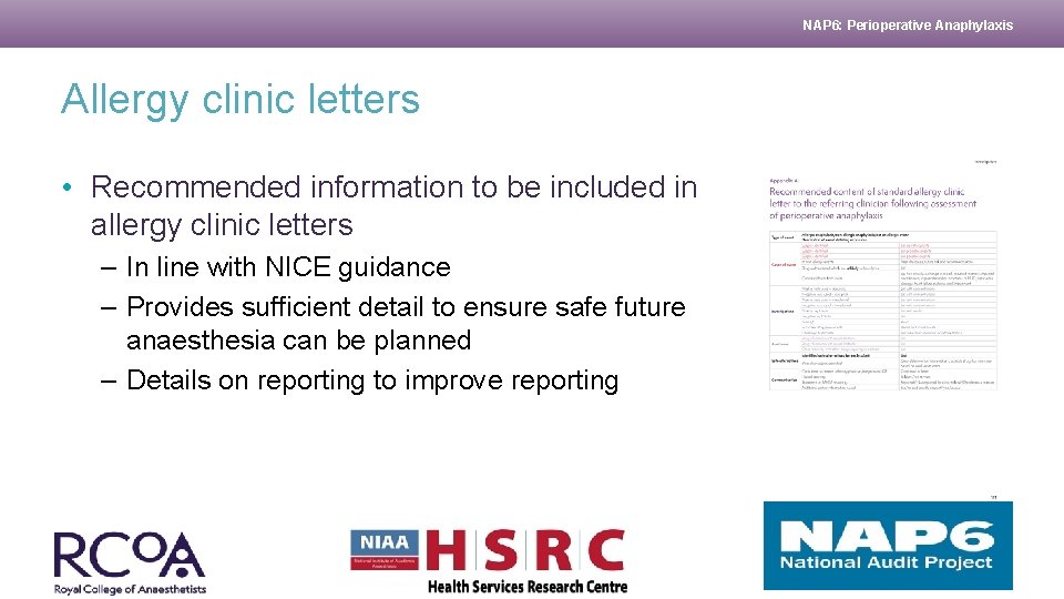 NAP 6: Perioperative Anaphylaxis Allergy clinic letters • Recommended information to be included in