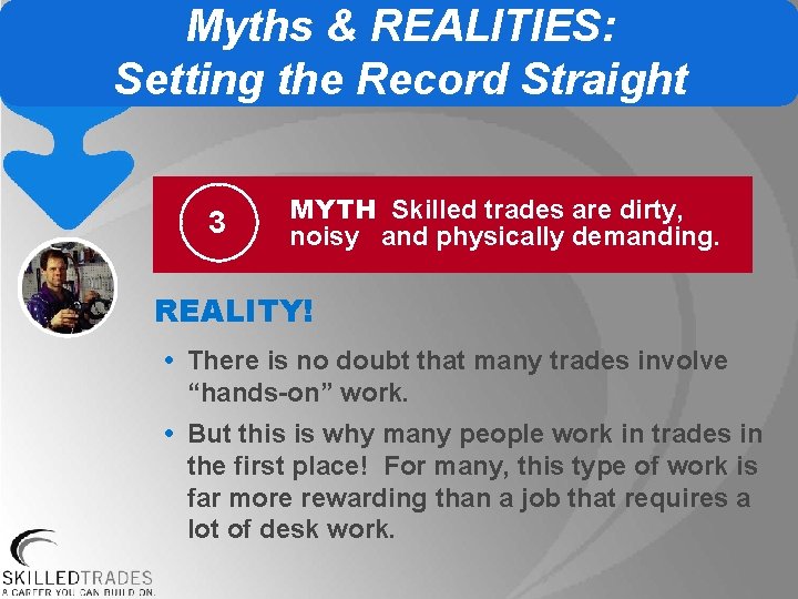 Myths & REALITIES: Setting the Record Straight 3 MYTH Skilled trades are dirty, noisy