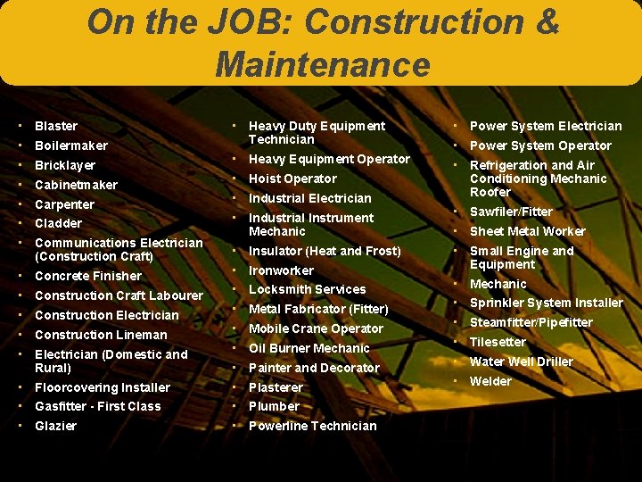 On the JOB: Construction & Maintenance • Blaster • Boilermaker • Bricklayer • Cabinetmaker