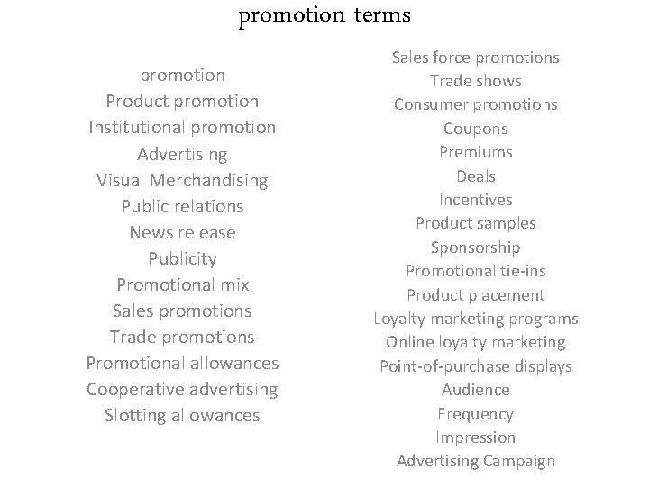 promotion terms promotion Product promotion Institutional promotion Advertising Visual Merchandising Public relations News release