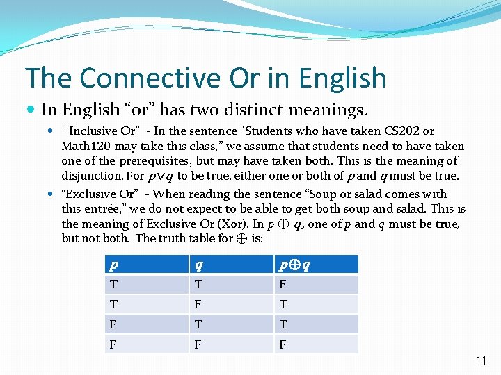 The Connective Or in English In English “or” has two distinct meanings. “Inclusive Or”
